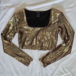 Forever 21 - Long Sleeve Gold Sequin Crop Top - Extra Small